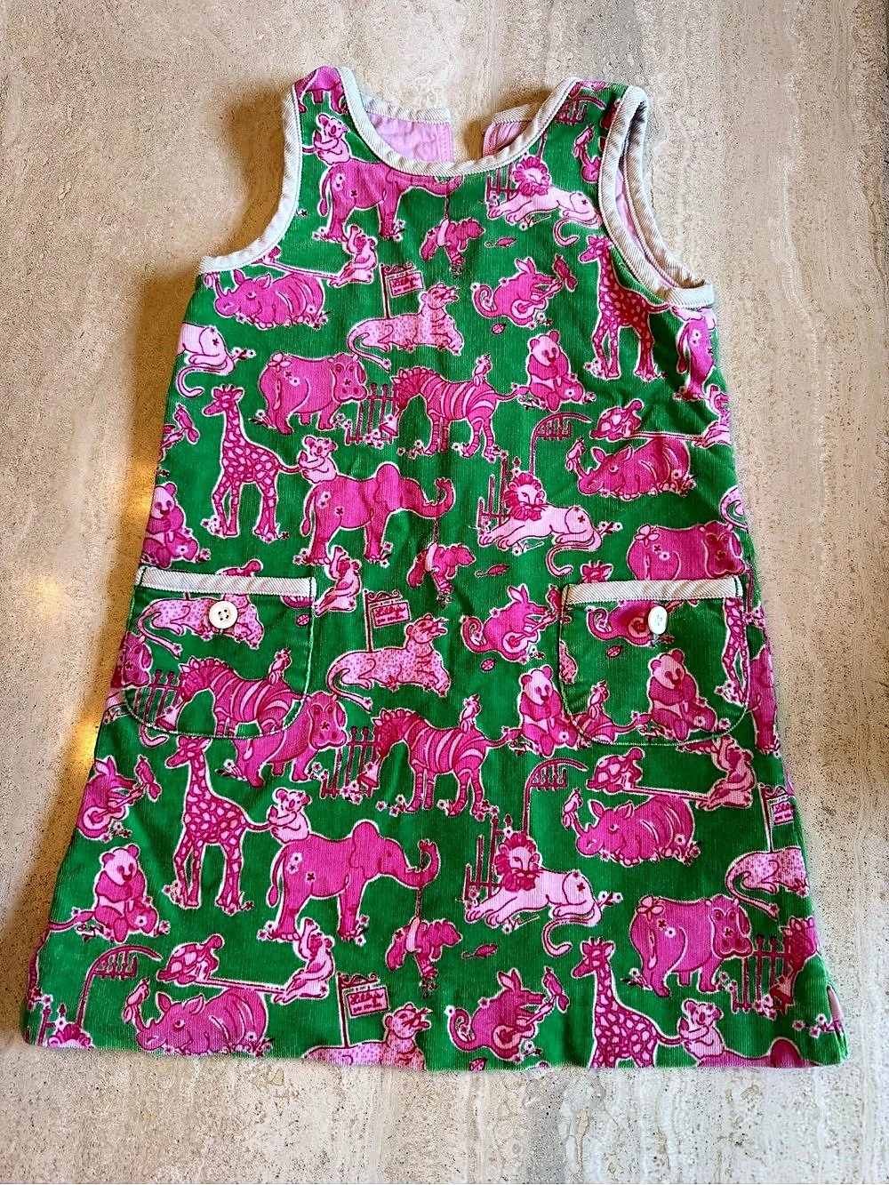 Lilly Pulitzer Girls Corduroy Animal Print Dress Green & Pink Size 4